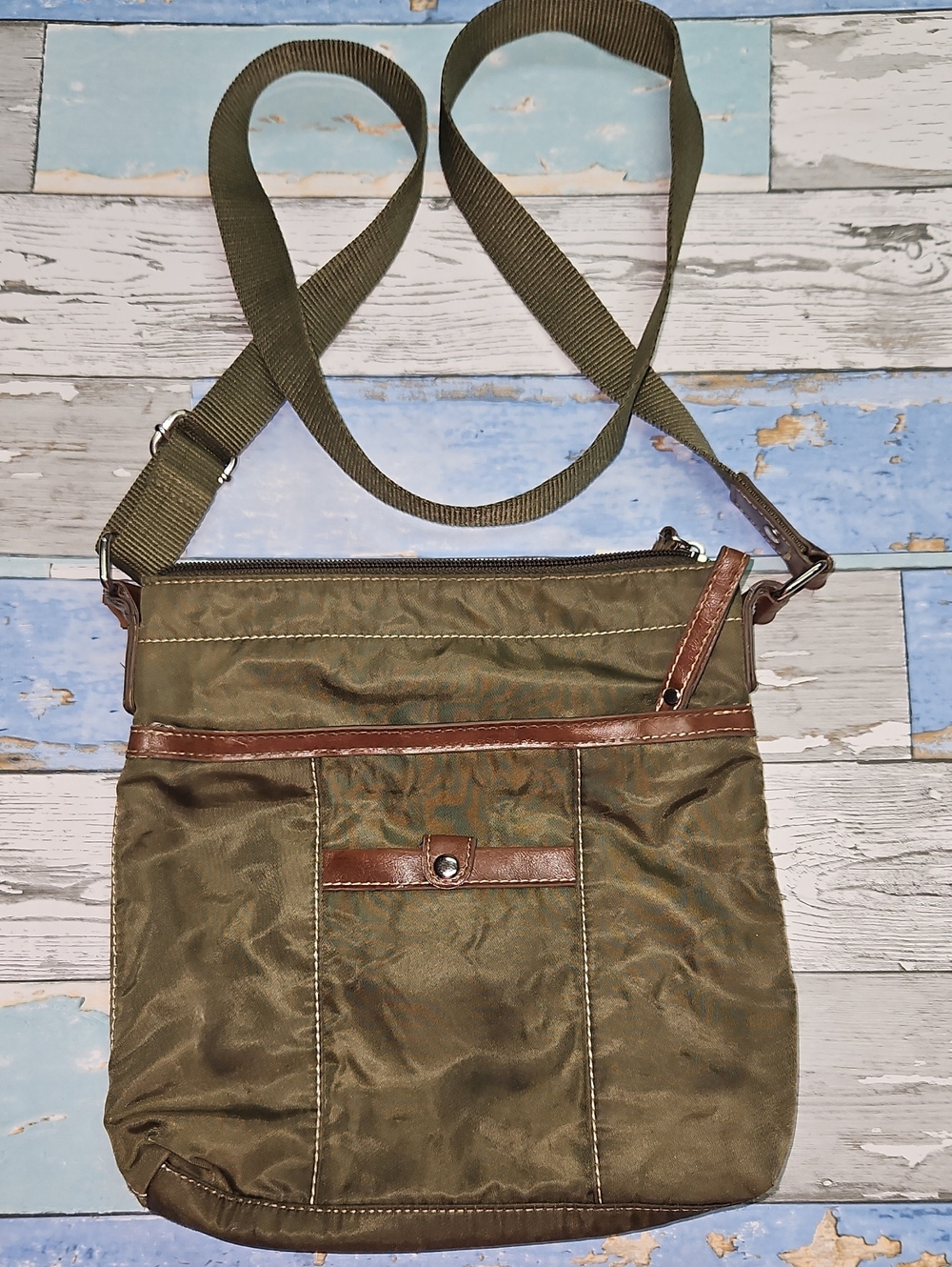Nine West Olive Green Crossbody Bag with Brown Trim